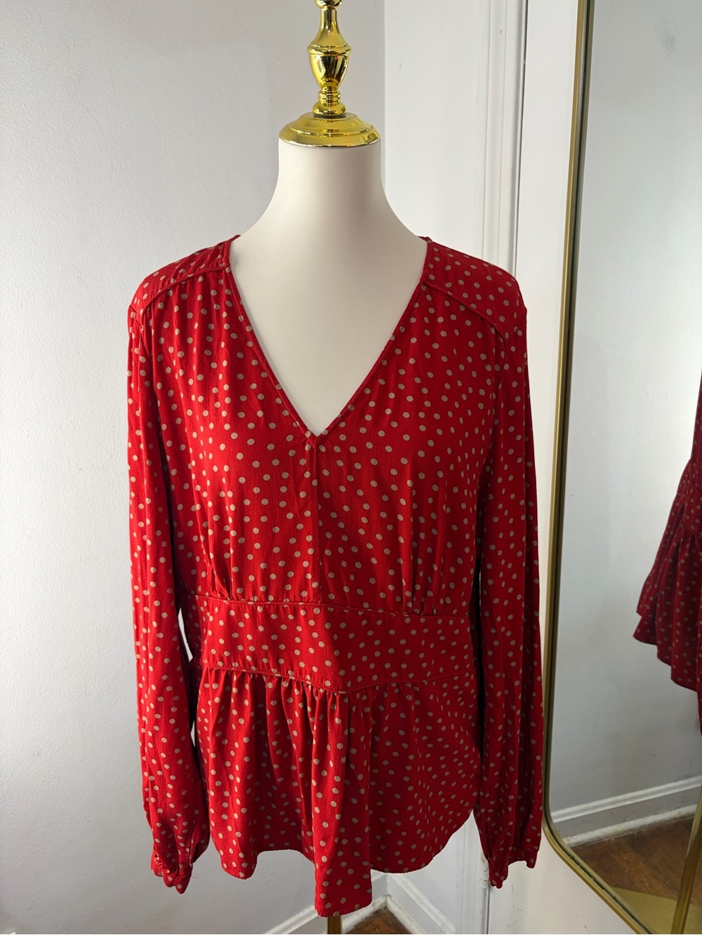 Boden Red Elsie Polka Dot Peplum V-Neck Long-Sleeve Shirt